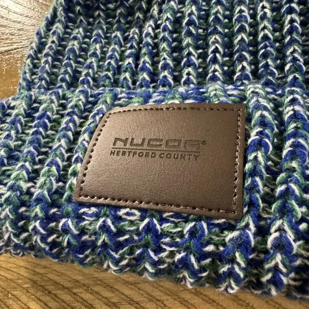 Nucor Steel Pom Beanie Blue Green Knit Cuffed Hat Acrylic